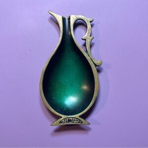 Vintage Israel Brass Enamel Pitcher Figurine Green Patina MCM Decor